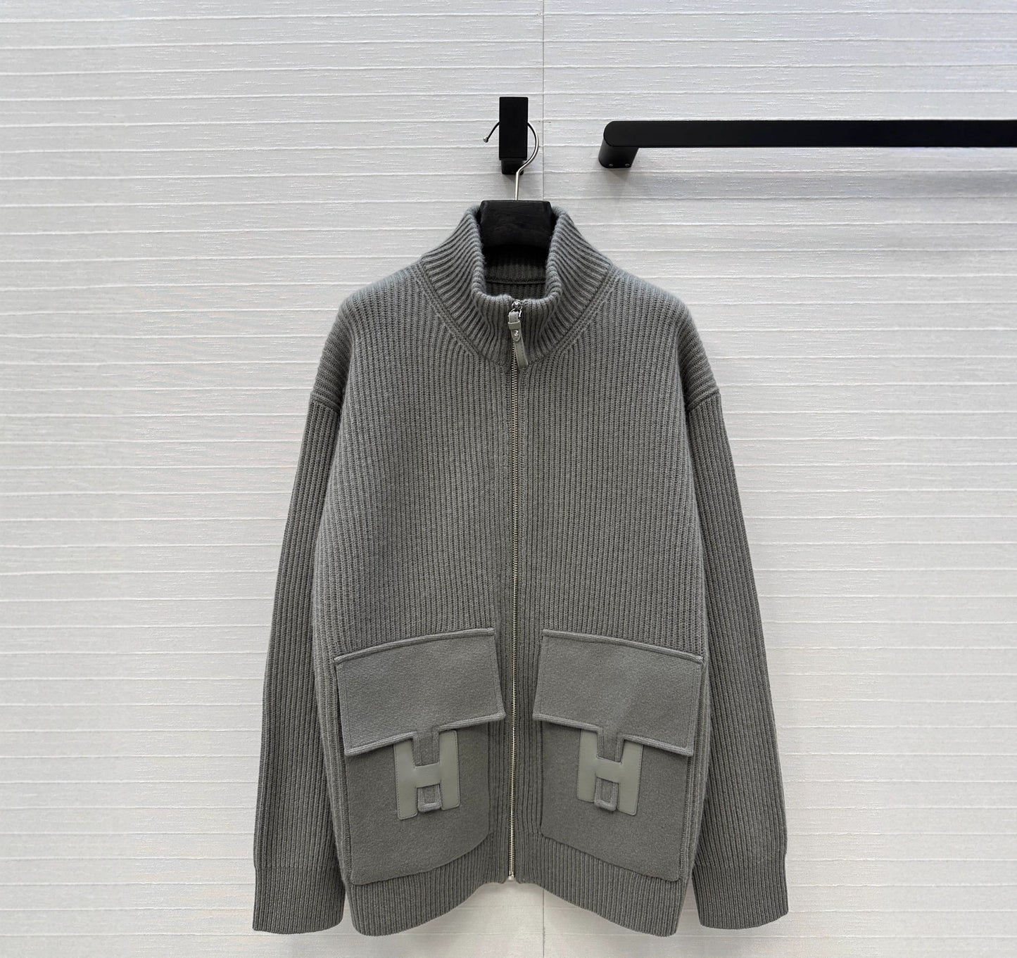 Zipper Contrast High Collar Cashmere Knit jacket