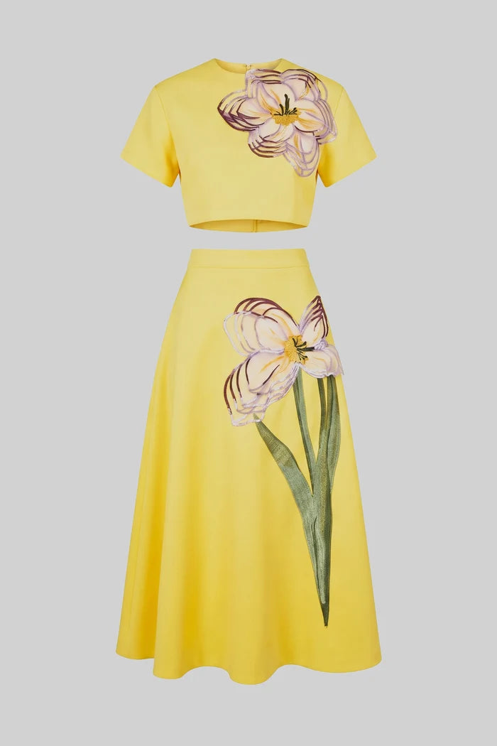 Short-Sleeve Floral-Print Co-Ord Set With Crop Top And Maxi Skirt - Yellow