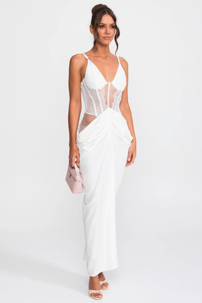 Lace Bodice Draped Gown With Spaghetti Straps - White
