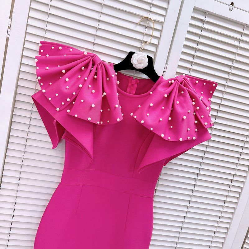 Pink bead bow midi bandage dress