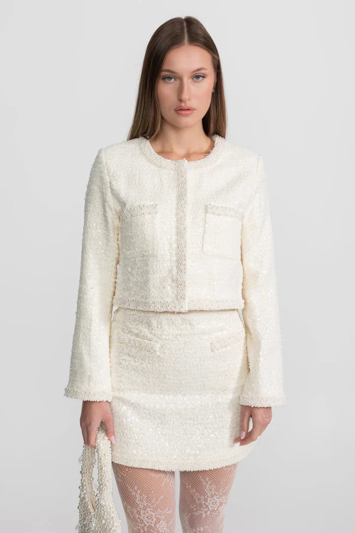 Tweed Blazer With Beaded Trim - Ivoire