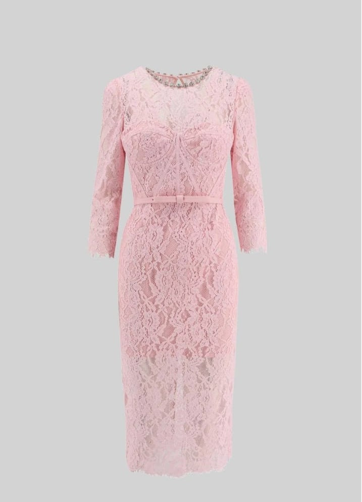 Elegant Long Sleeve Lace Dress With Matching Waist Belt - Pink