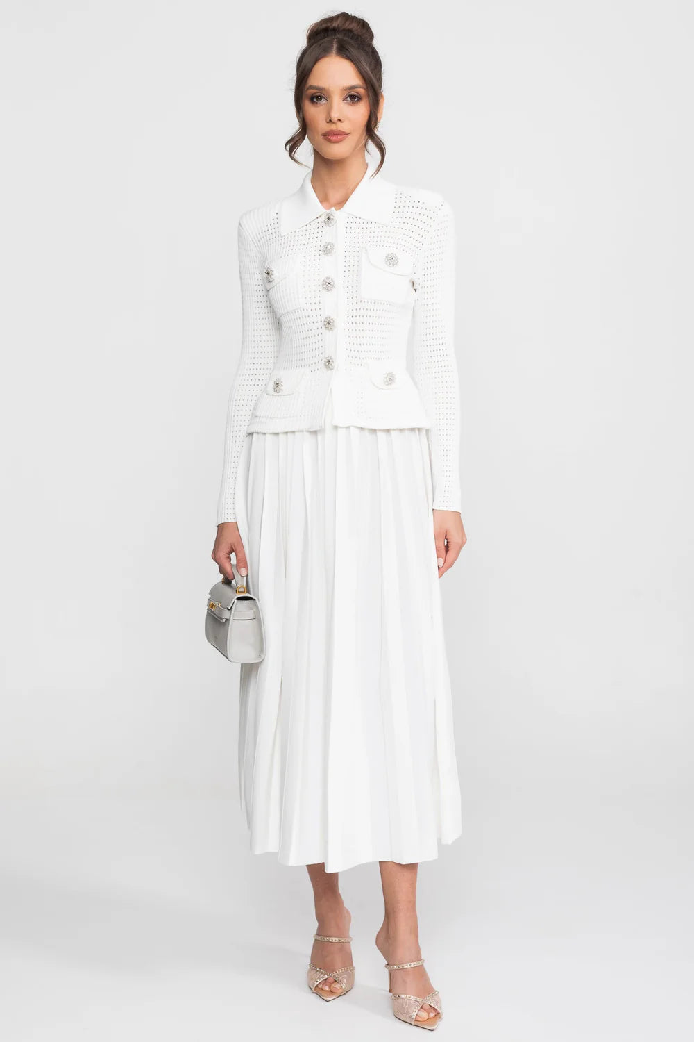 Open-Knit Dress with Pleated Midi Skirt - White