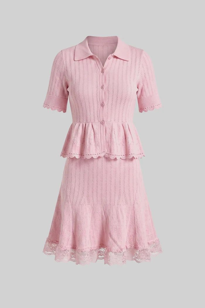Polo-Collar with Button Top and Mini Skirt Set - Pink
