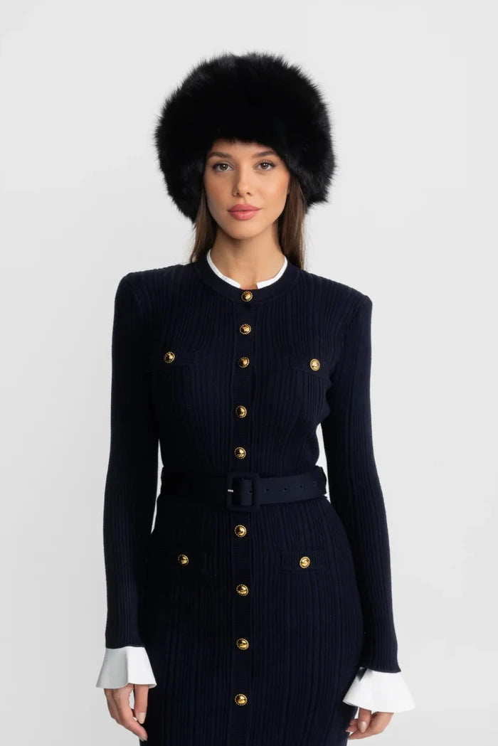 Ribbed Knit Midi Dress with Gold Button Fastening - Dark Blue