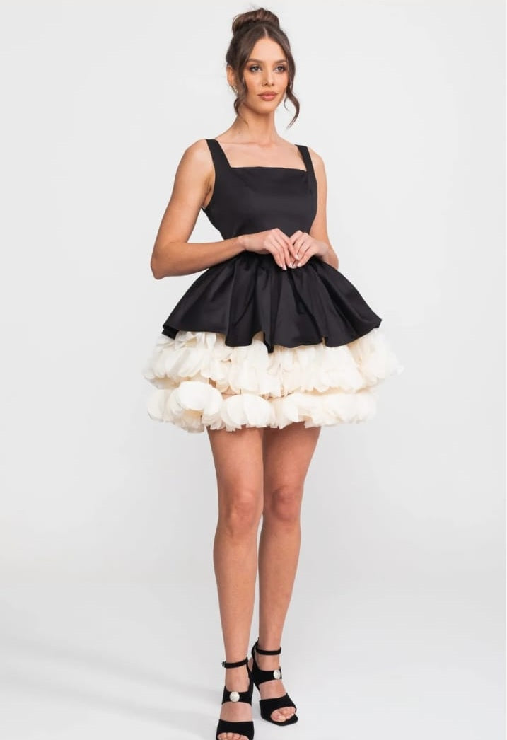 Strapless Mini Dress With Square Neckline And Ruffled Skirt Underlay - Black
