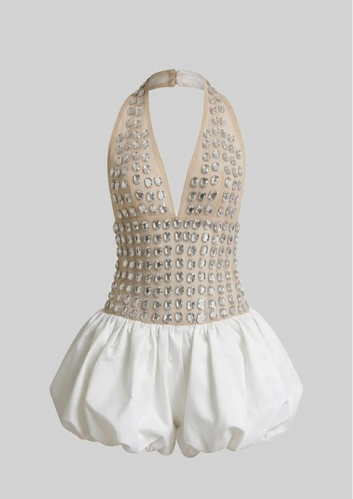 Short Crystal-Embellished Halter Dress with Ball Skirt - White