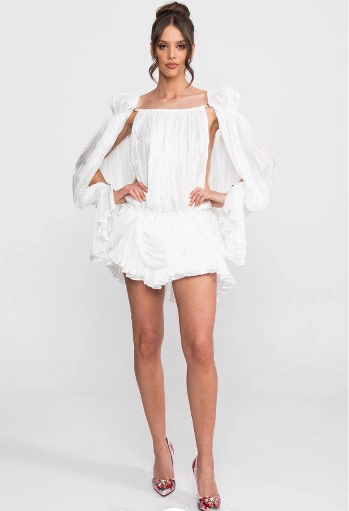 Flowy, sheer short dress with cape sleeves and gold clip detail - White