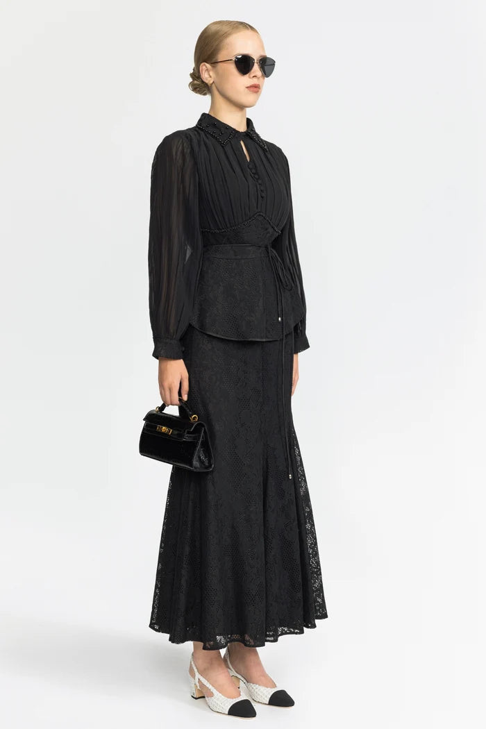 Pleated Chiffon Lace Peplum Blouse and Maxi Skirt Set - Black