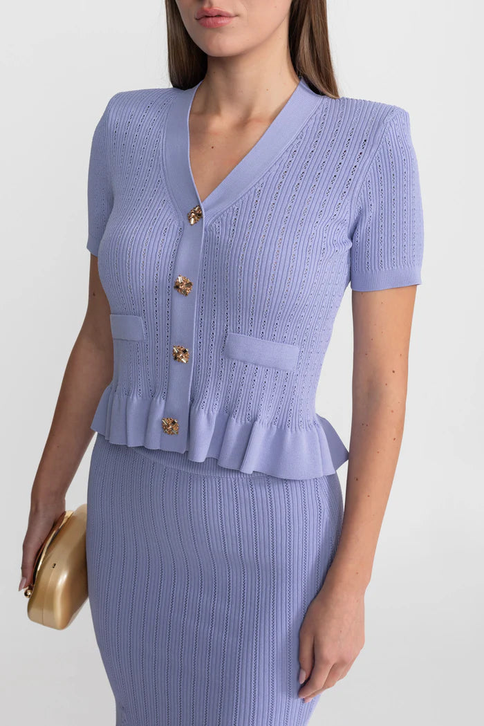 Knit Midi Co-Ord with Peplum Waist and Gold Buttons – Lilac