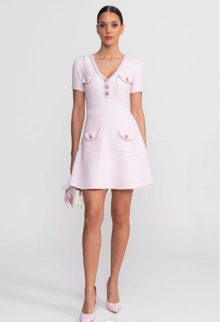 Short Textured Short Sleeve Dress with V-Neckline and Jeweled Buttons - Pink