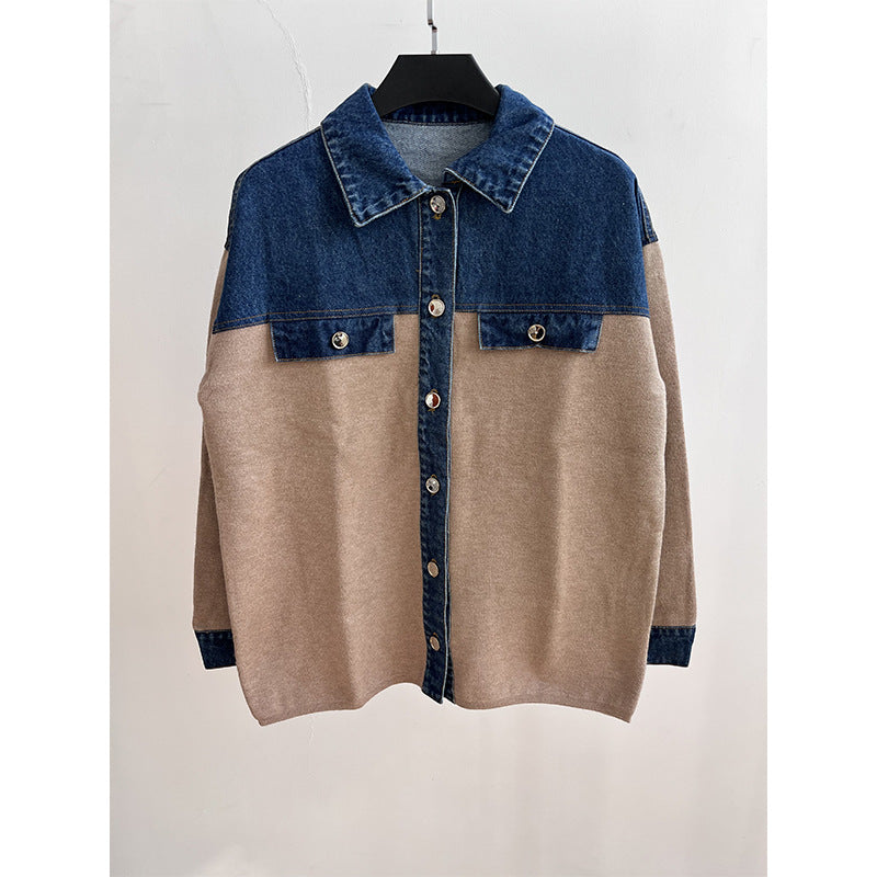Denim Patchwork Lapel Knitted Jacket