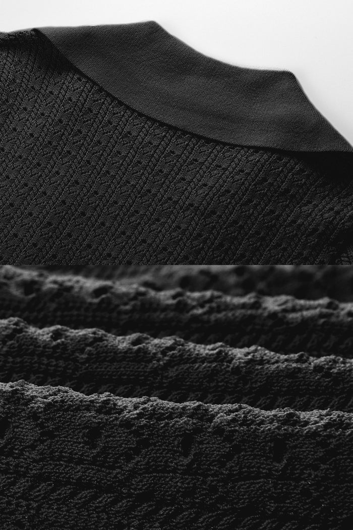 Knit Mini Dress with Peplum Waist and Gold Button Detail - Black