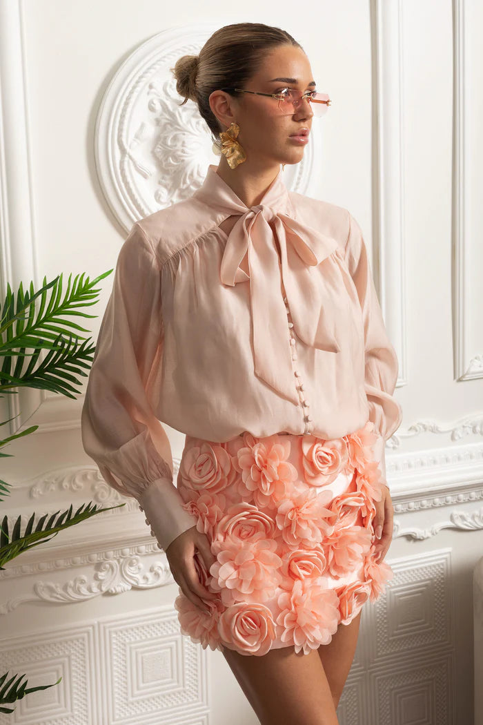 Co-ord Set With Oversized Bow Blouse And 3D Floral Mini Skirt - Peach