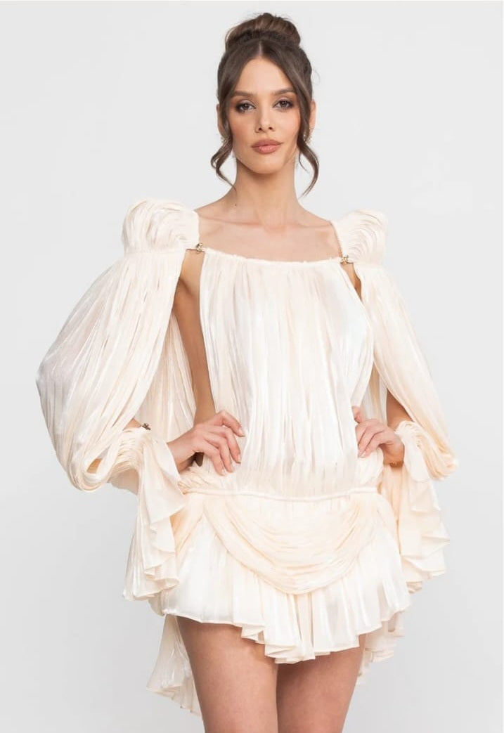 Short Sheer Draped Dress with Cape Sleeves and Gold Clip Detail - Ivory