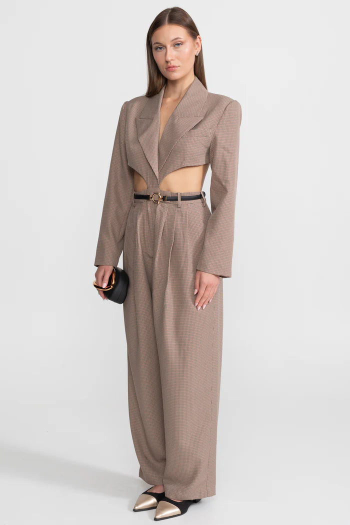 Cut-Out Jumpsuit With Slim Black Waistbelt – Taupe Check
