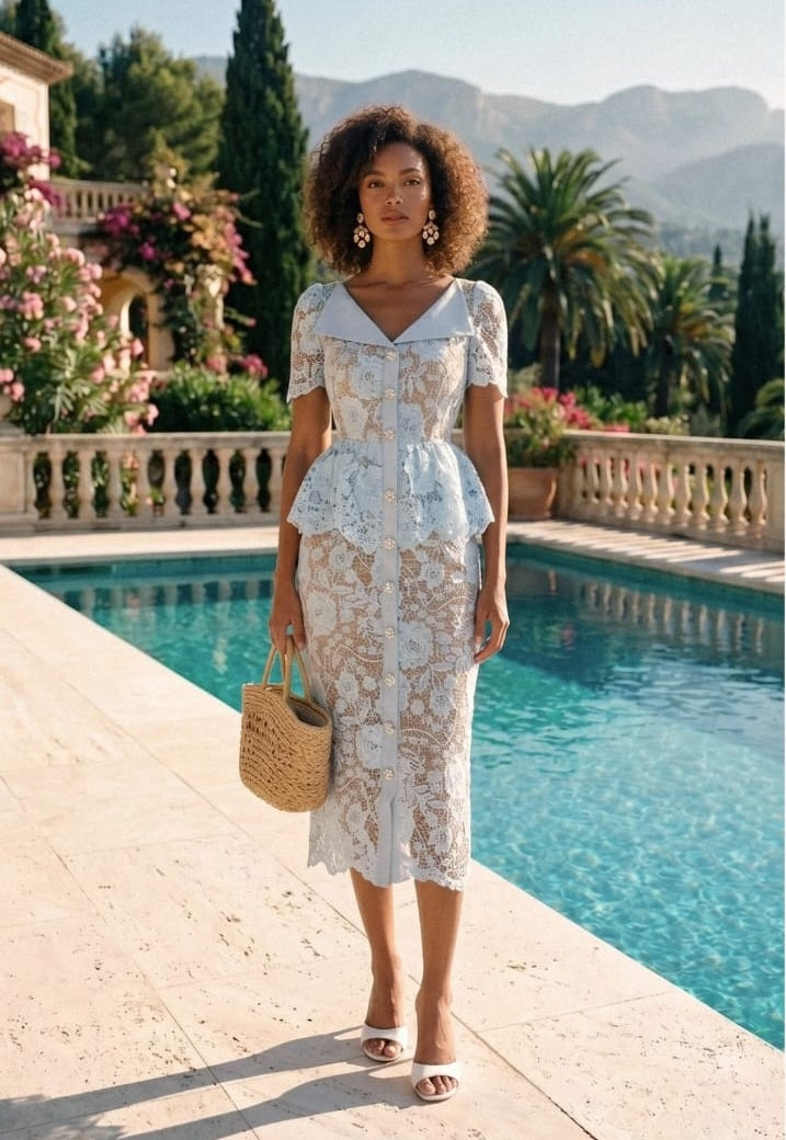 Lace Midi Dress with Peplum Waist and Satin Collar - Baby Blue