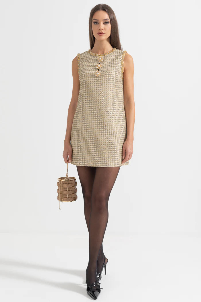 Patterned Mini Dress With Golden Accents - Gold