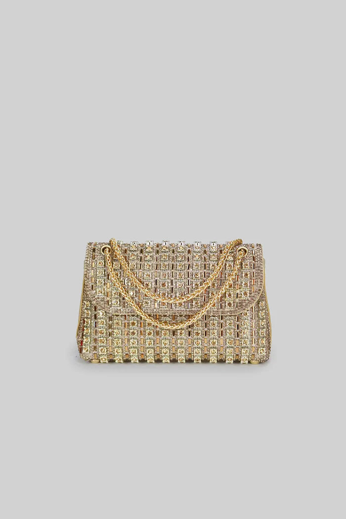 Glistening Woven Handbag With Shimmering Rhinestone Embellishments - Gold
