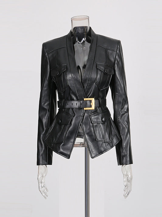 Women's belt multi-pocket  blazer