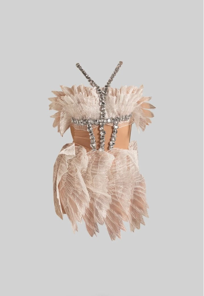 Ethereal Mini Dress With Sheer Wings Texture And Crystal Embellishments - White