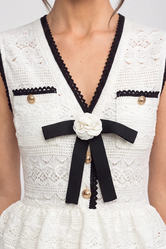 Crochet Knit Midi Dress With Black Trim And Bow - White