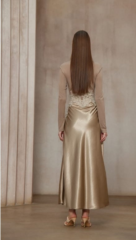 Szilvia Brown Knit Panel Satin Midi Dress