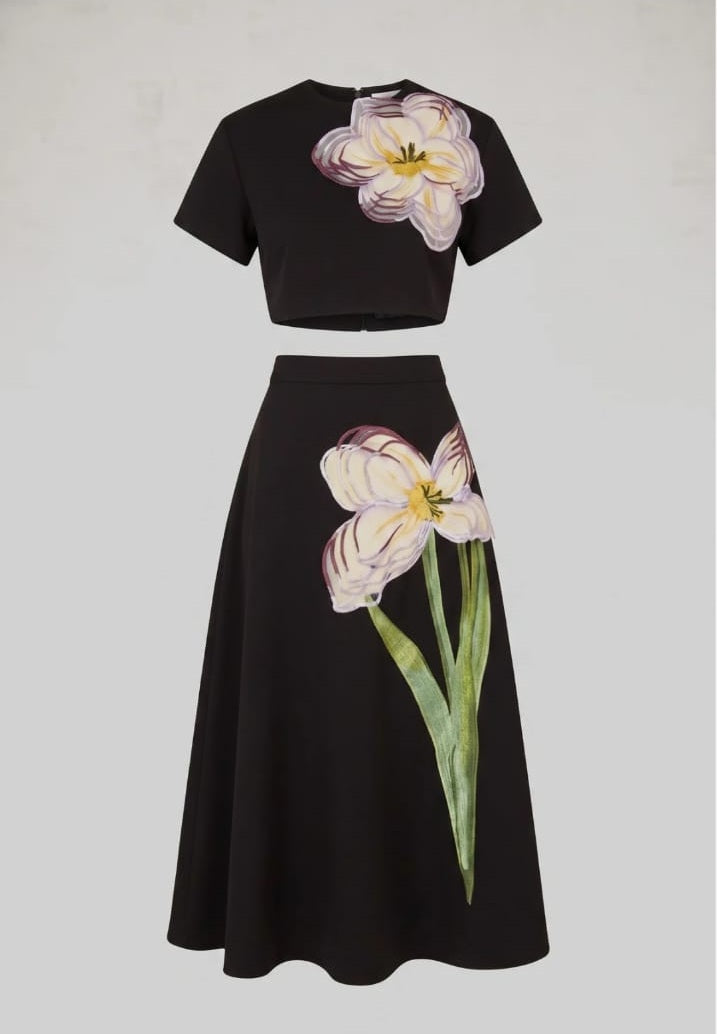 Short-Sleeve Floral-Print Co-Ord Set With Crop Top And Maxi Skirt - Black