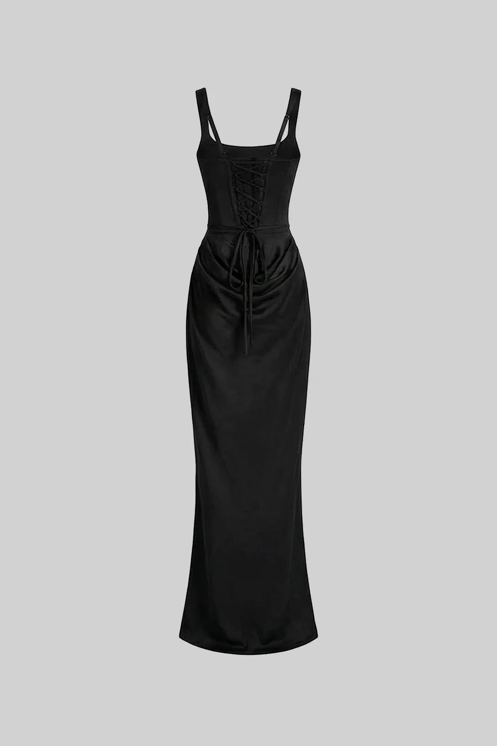Corset Maxi Dress with Draped Hip Detail – Black