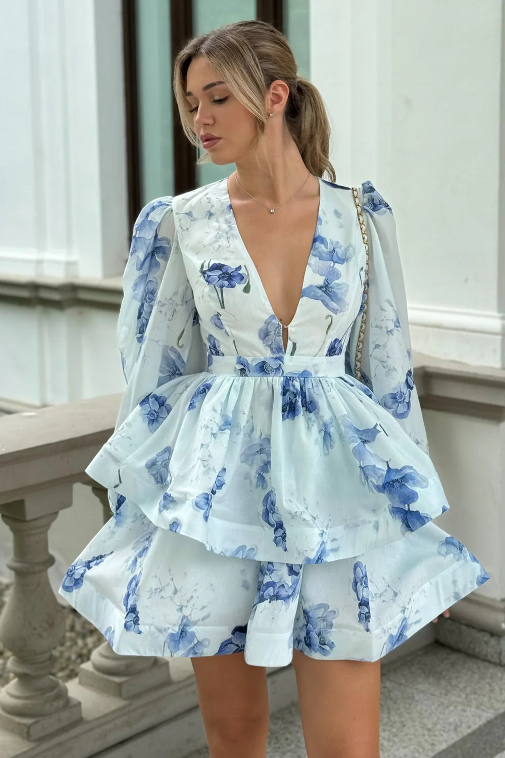 Floral Romantic Mini Dress With Voluminous Sleeves And Peplum Detail - White/Blue