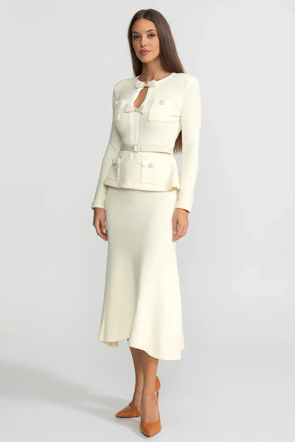 Tweed Peplum Knit Midi Dress – Ivoire