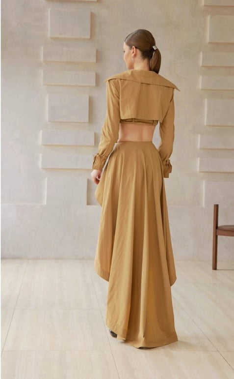 Maelle Khaki Cropped Trench Jacket & Skirt Matching Set