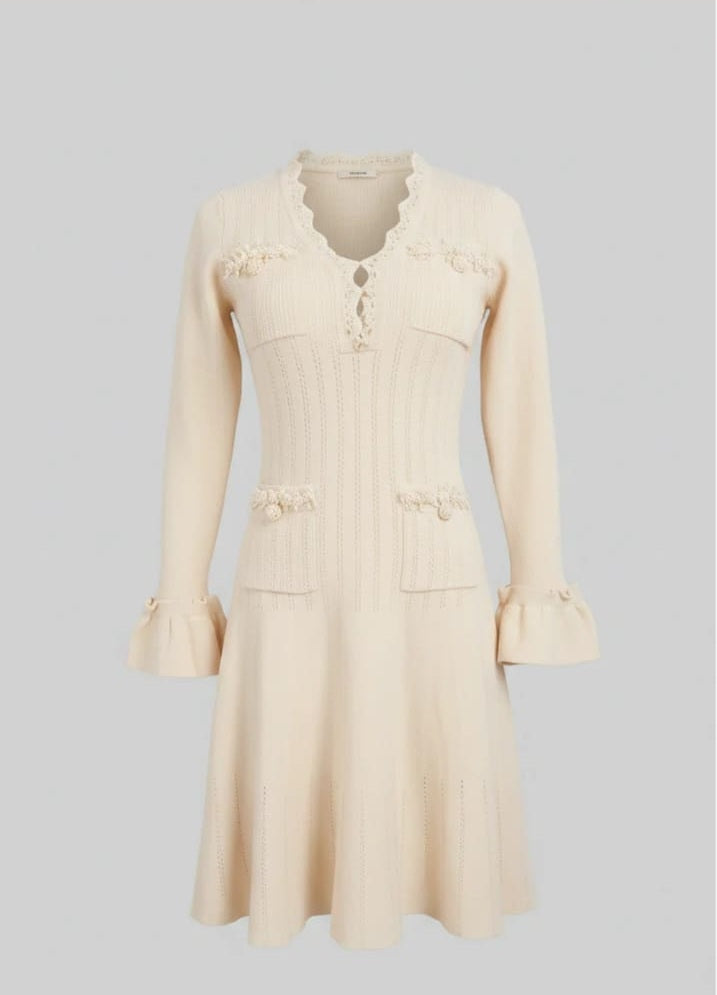 Long-Sleeve V-Neck Knit Mini Dress With Ruffle Hem And Bow Cuffs - Ivoire