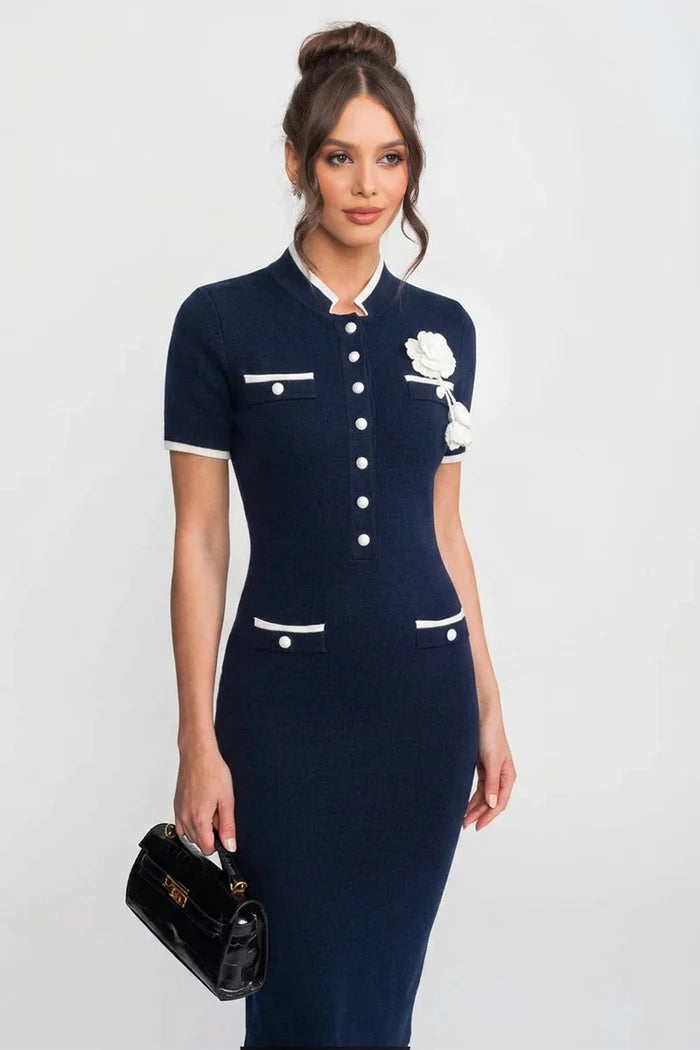 Ribbed Knit Midi Dress With Contrast Trim And Decorative Pockets - Navy