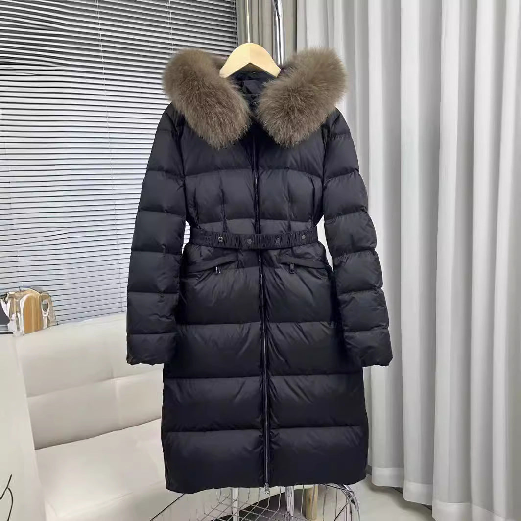 Fox big fur collar mid-length down jacket