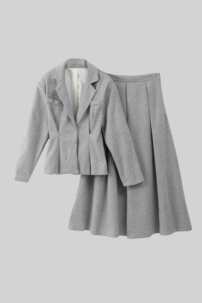 Elegant Two-Piece Tailored Blazer And Pleated Skirt Ensemble - Gray