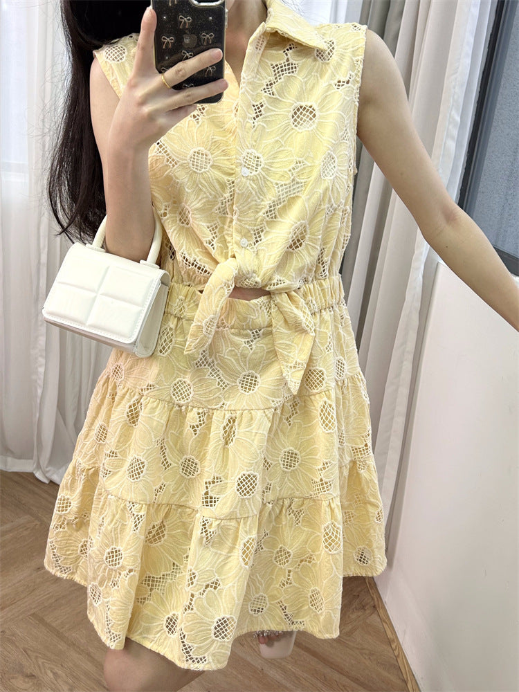 Yellow waist tie daisy cutout dress