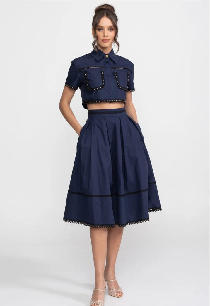 Broderie-Trim Cropped Shirt And Midi Skirt Co-Ord Set - Navy