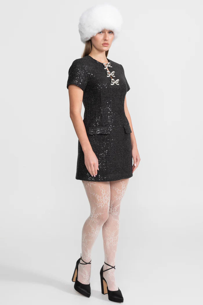 Sequin Mini Dress with Crystal Bow Accents - Black
