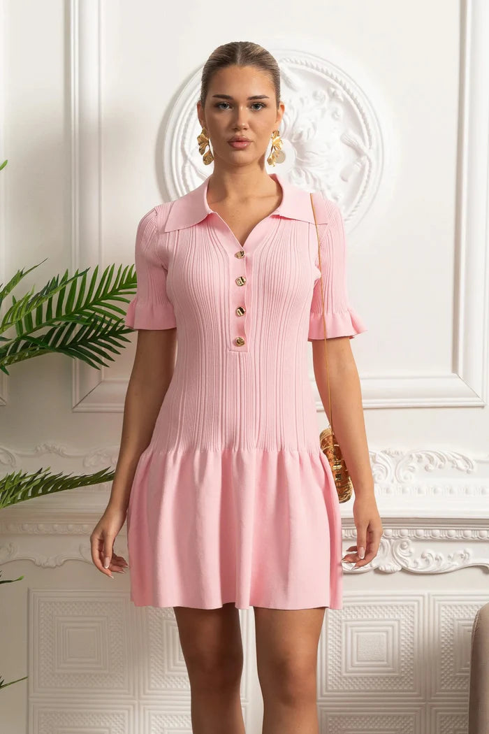 Ribbed Mini Dress With Buttoned Front And Flounced Sleeves - Pink