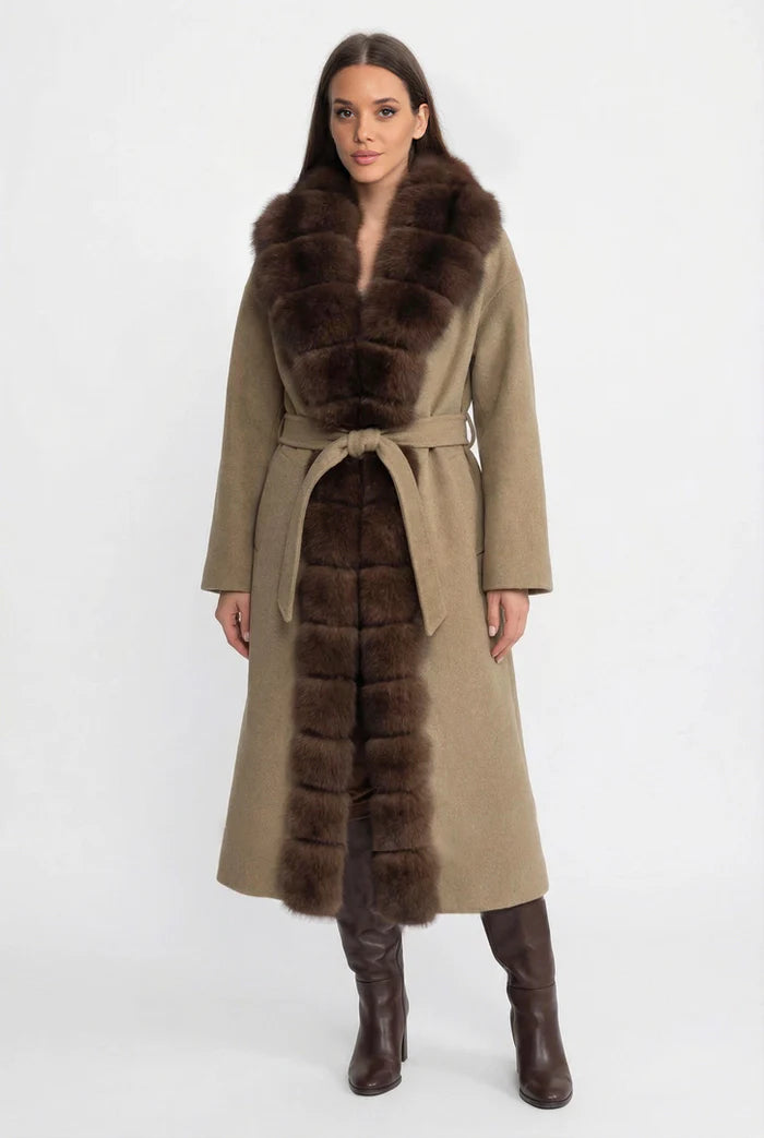 Wool Long Coat with Fox Fur Front