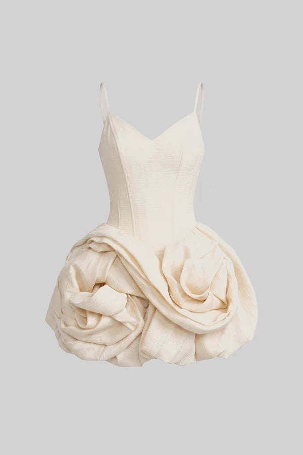 Spaghetti-Strap Velvet Mini Dress With 3D Rose Skirt - Ivoire