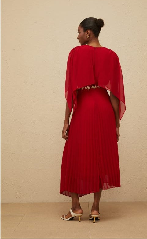 Émilie Red Pleated Maxi Dress with Cape Detail