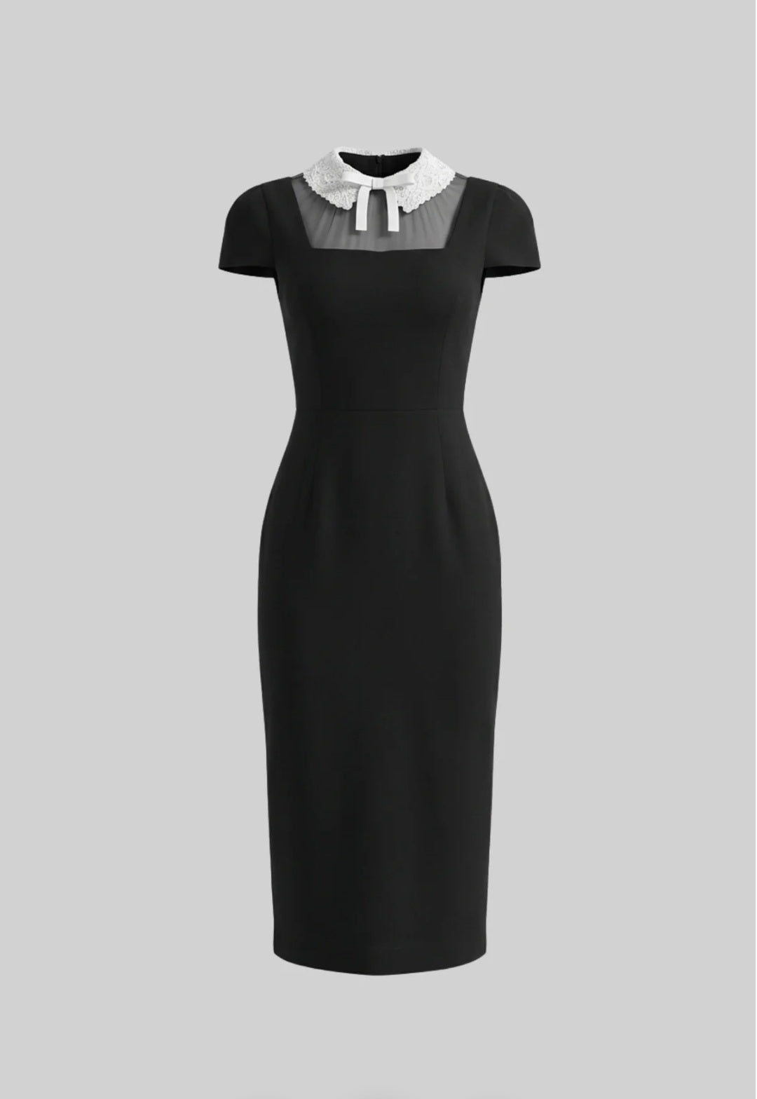 Cap Sleeve Midi Dress With Lace Collar Tie Detail - Black