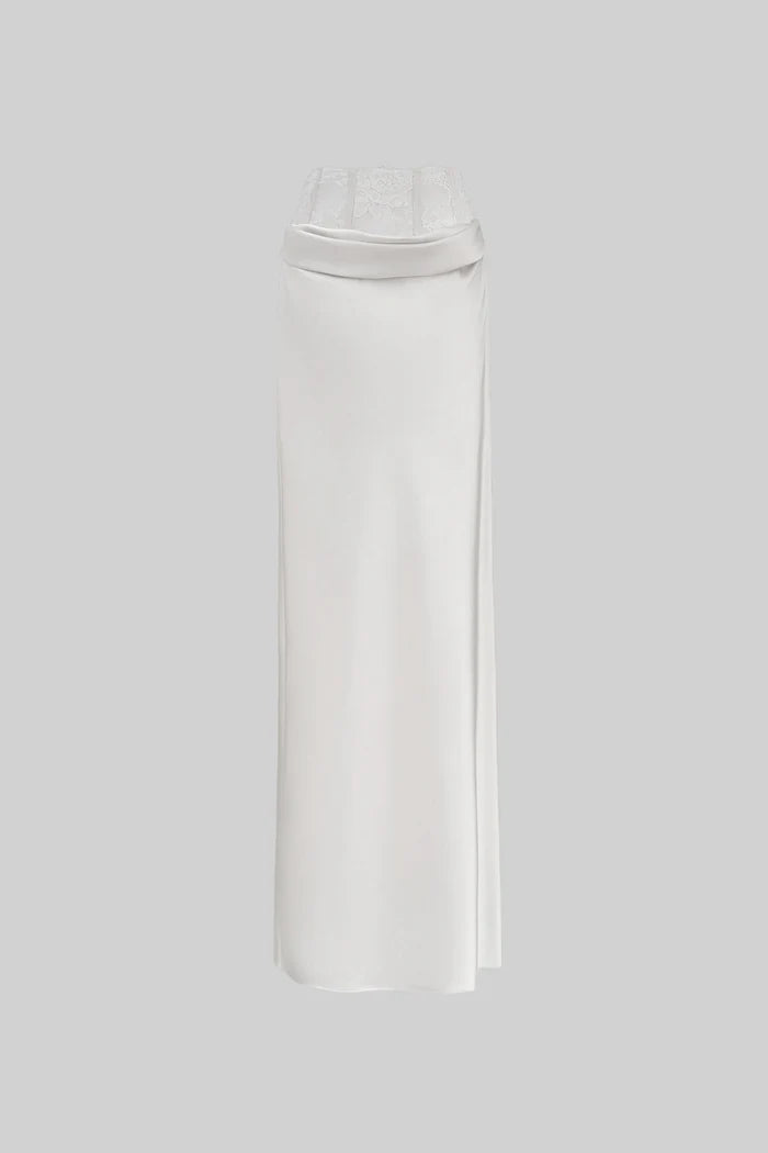 Satin Maxi Pencil Skirt with Lace Corset Waist – White