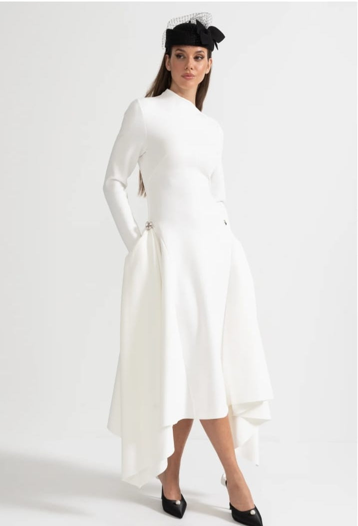 Long-Sleeved Dress With Asymmetrical Hem And Structured Silhouette - White