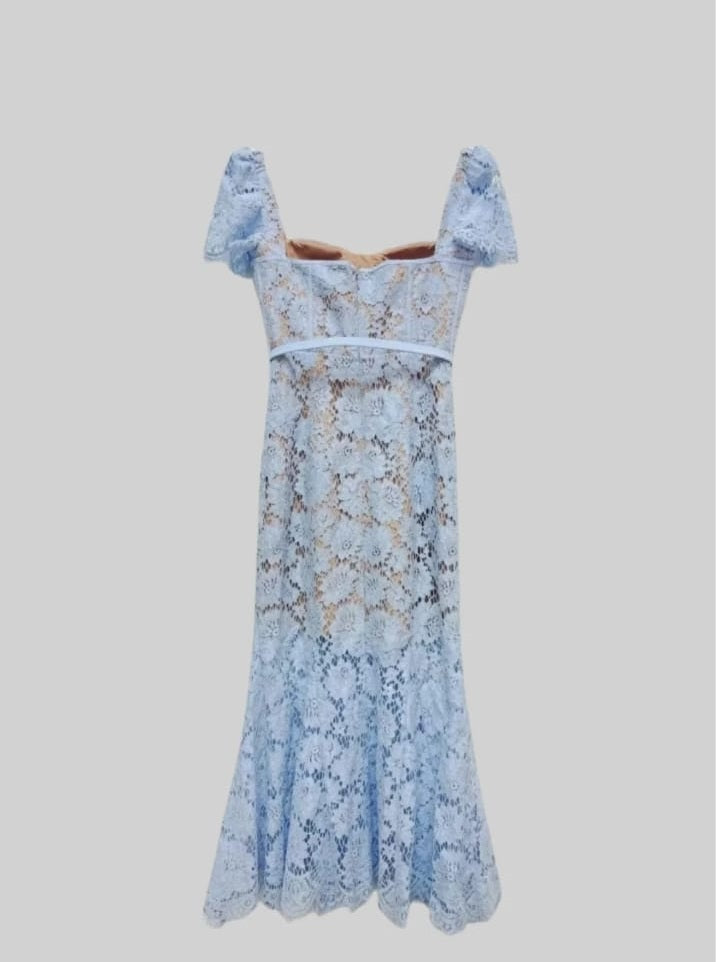 Short Sleeved Lace Dress With Delicate Matching Waist Belt - Blue