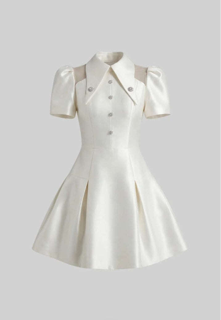 Puff Sleeve Mini Dress With Pointed Collar And Crystal Button Front - Ivoire