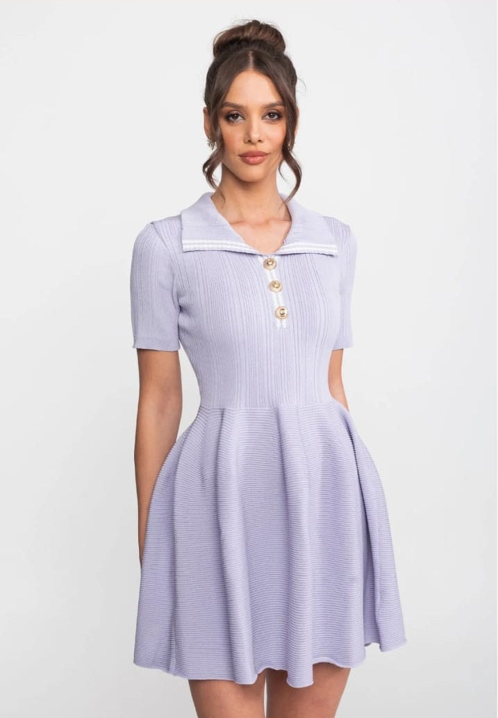 Ribbed Knit Mini Dress With Open Polo Collar And Jewel Buttons - Lilac