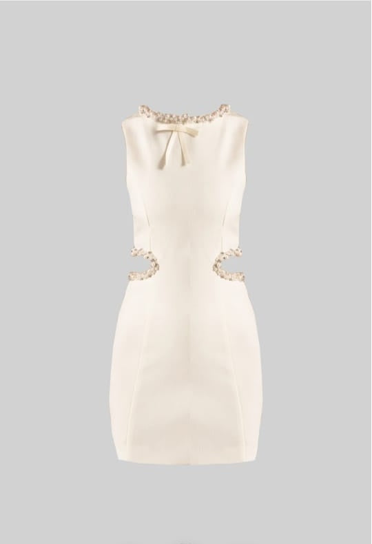 ELEGANT MINI DRESS WITH SIDE CUTOUTS AND PEARL DETAILING - WHITE